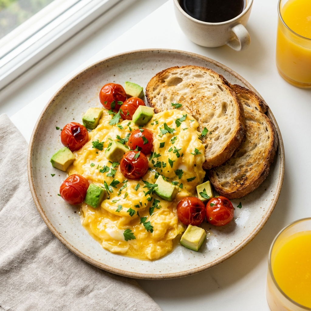 Huevos Revueltos con Aguacate y Cherry