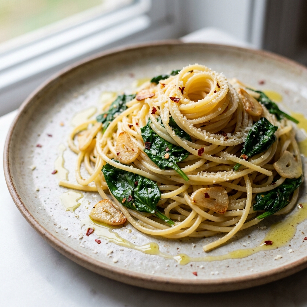 Pasta Aglio e Olio con Espinacas